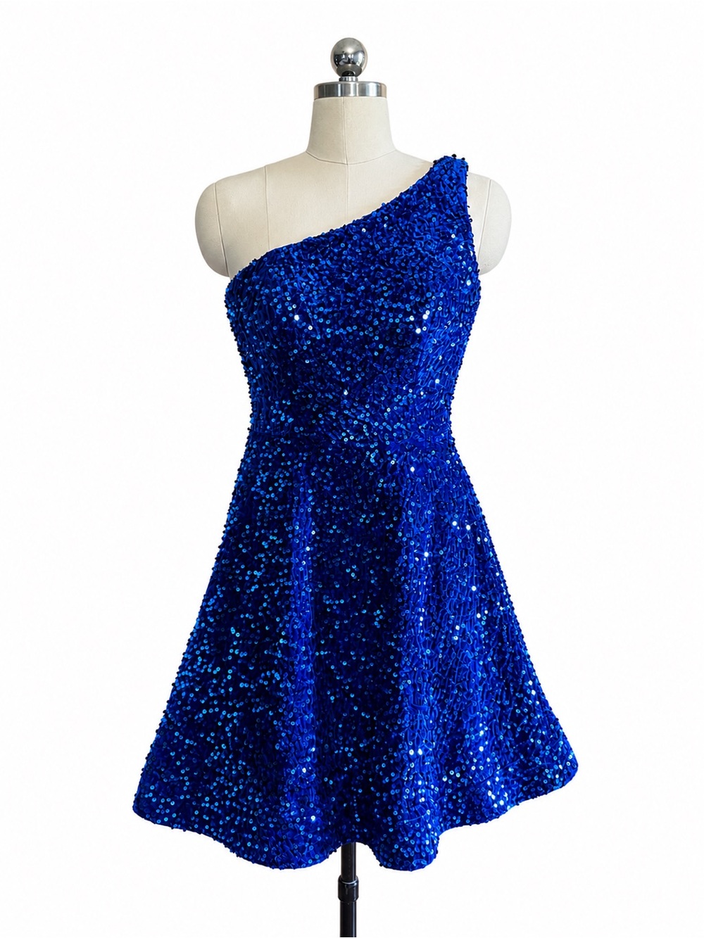 Sophia Thomas Royal Blue Velvet Sequins One Shoulder Mini Dress Homecoming